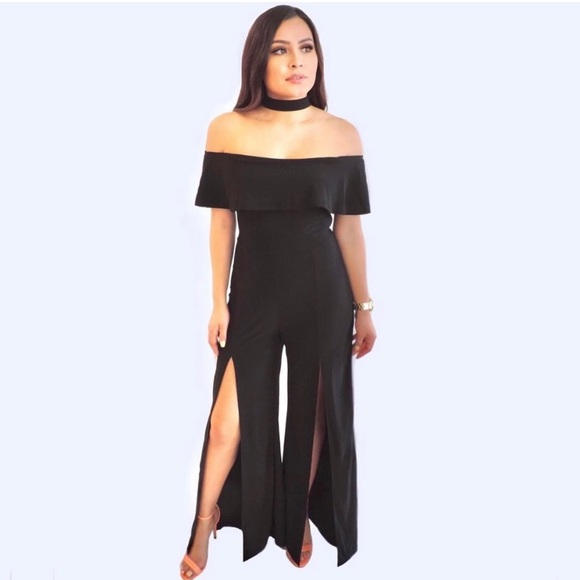 Black Off-Shoulder Jumpsuit with Front Slits - Picture 1 of 9